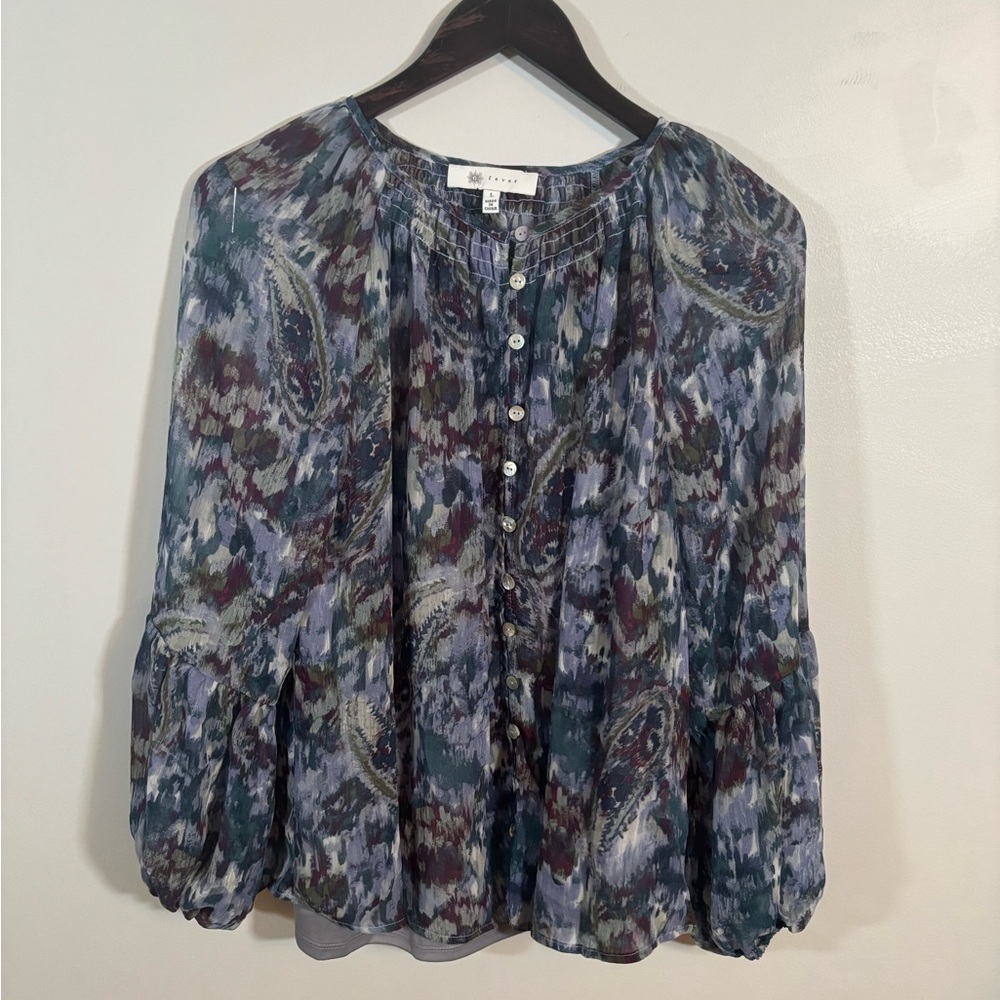 Fever Blue Ice Sheer Blouse L Women’s Boho Paisley Button Front Top